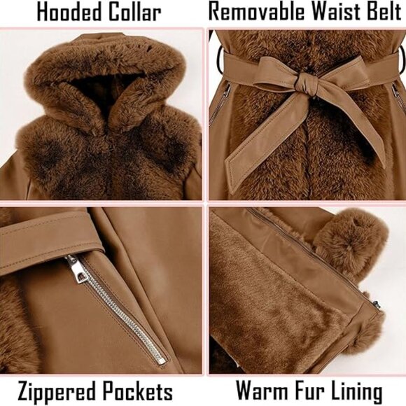 Puffer Jacket Women Winter Fur Lined Camel Coat Long Fur Collar Warm Overcoat - Picture 4 of 5